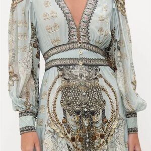 Camilla Pale Blue Printed V-Neck Long Sleeve Dress
